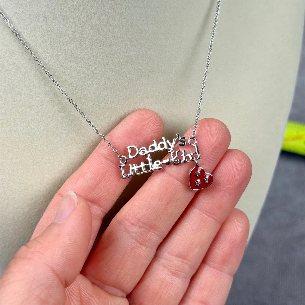 Daddy's Little Girl Necklace Silver Tone Red Heart Enamel Crystal Charm Kids